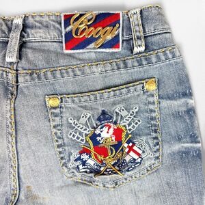 Vtg Aussi COOGI Jeans Women Sz 7/8 Blue Denim Jeans Y2K Embroidered Pockets Gold